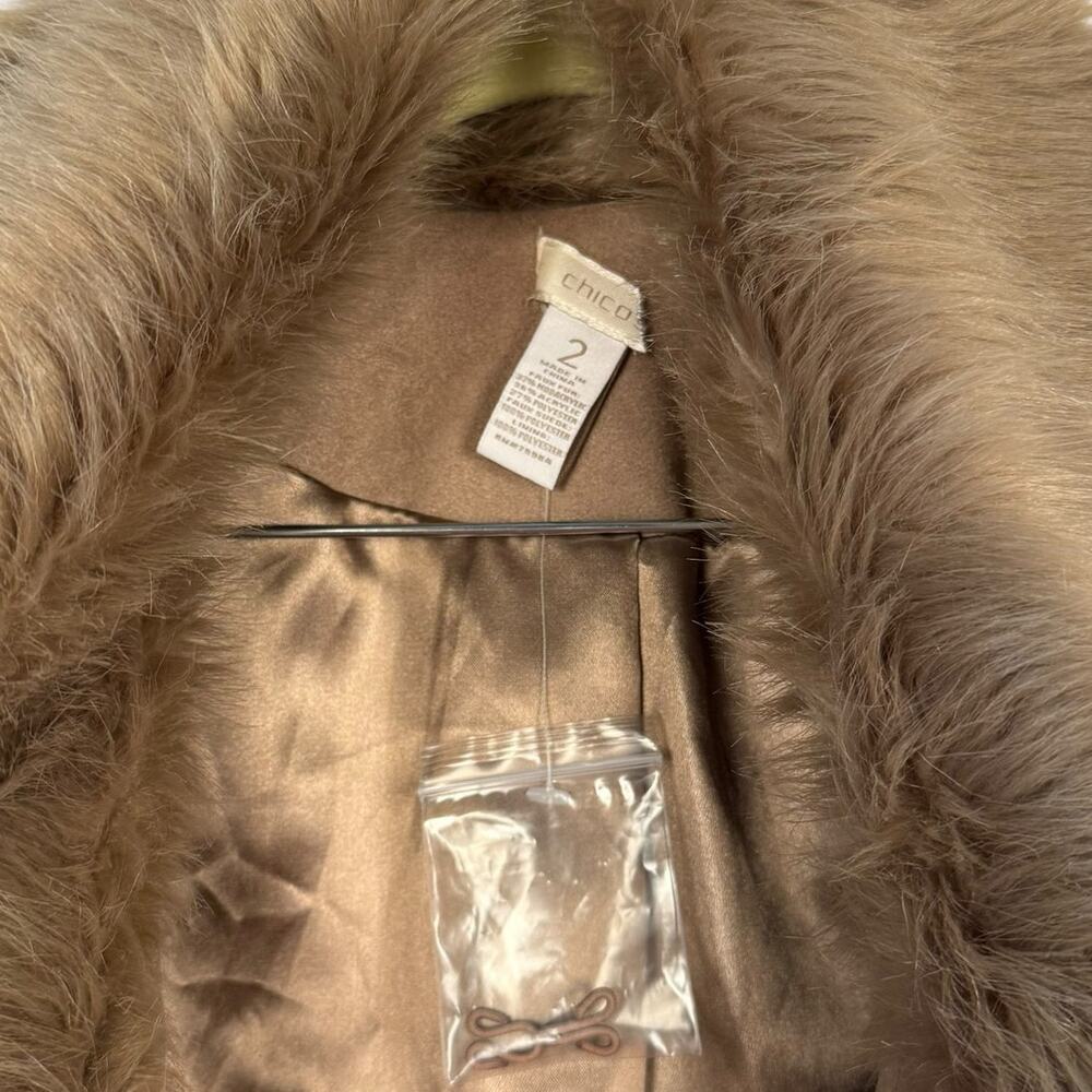 New Chico's Tan Faux Fur Suede 3/4 Sleeve Cropped Coat Sz Large Party Holiday - Picture 6 of 8
